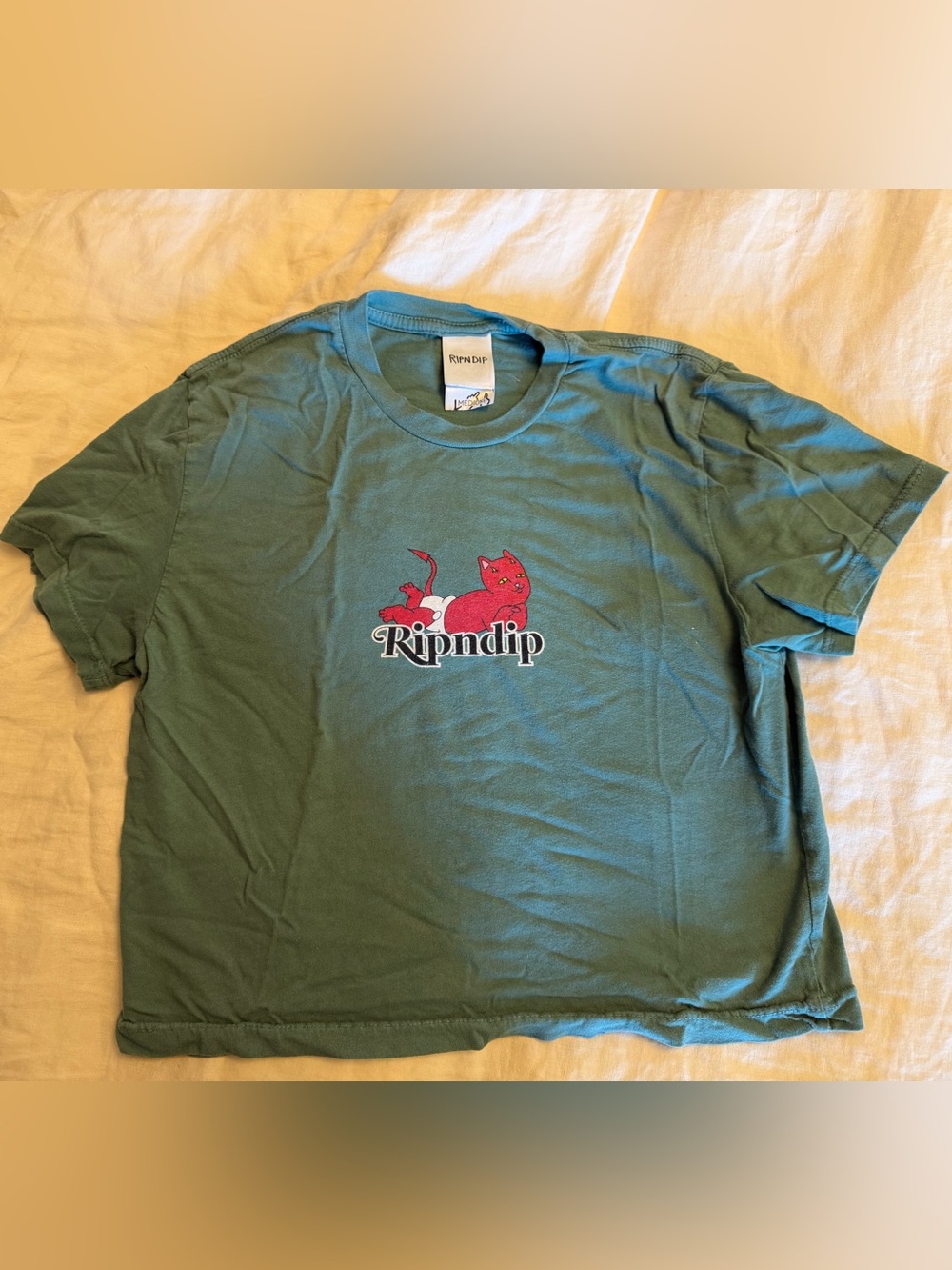 Ripndip Green Tee with Red Cat Graphic